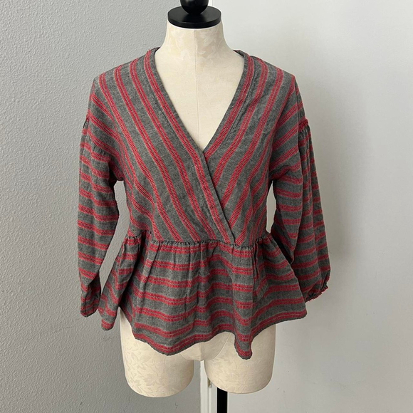 Madewell Red & Grey Bubble Sleeve Peplum Blouse - Size M - Picture 1 of 6